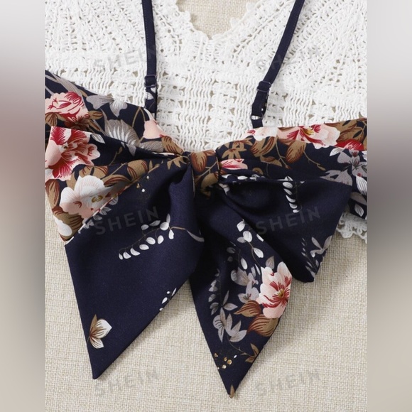 White & Blue Floral Set Tie Back Crochet Cami Top & Paperbag Waist Shorts Set SM - Picture 6 of 6